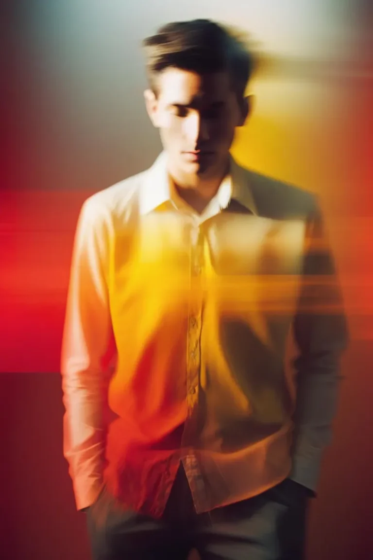 Blurred portrait of a man with dynamic, colorful lighting, AI-generated image using Stable Diffusion.
