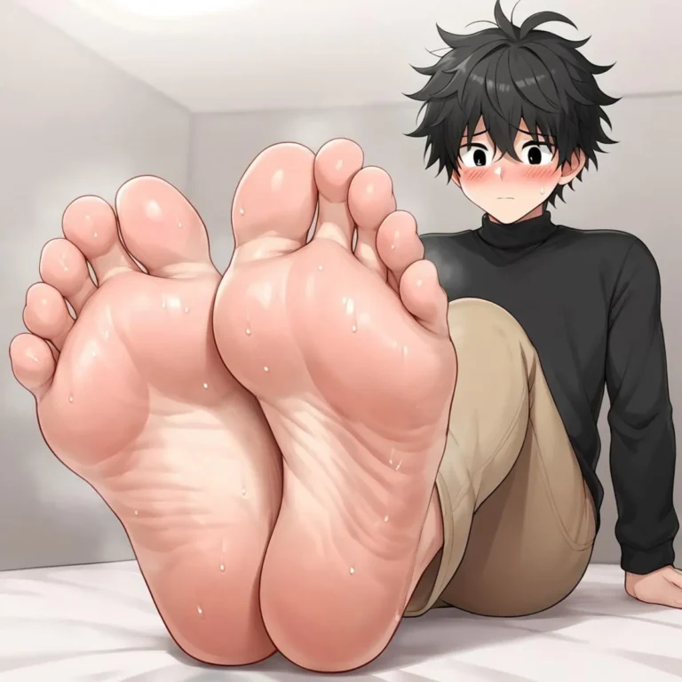 AI-generated image of a blushing anime boy sitting with his bare feet prominent, using Stable Diffusion.
