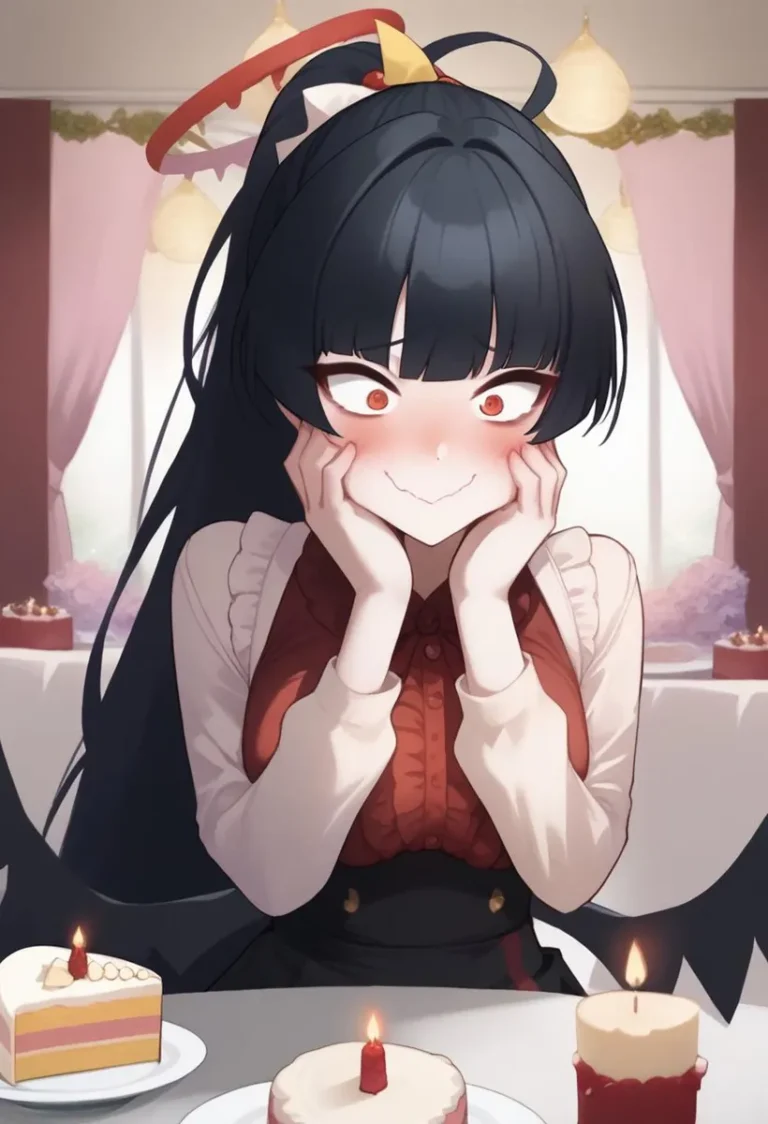 Anime girl with long dark hair, red eyes, and a blushing smile, dressed in a red and white outfit, surrounded by cakes and candles in a birthday celebration setting. AI generated image using Stable Diffusion.