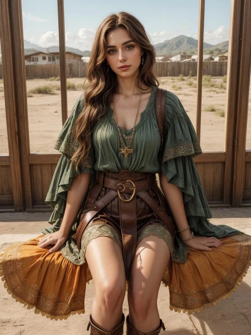 A young bohemian woman sitting outdoors in a desert landscape with mountains in the background, generated by AI using Stable Diffusion.