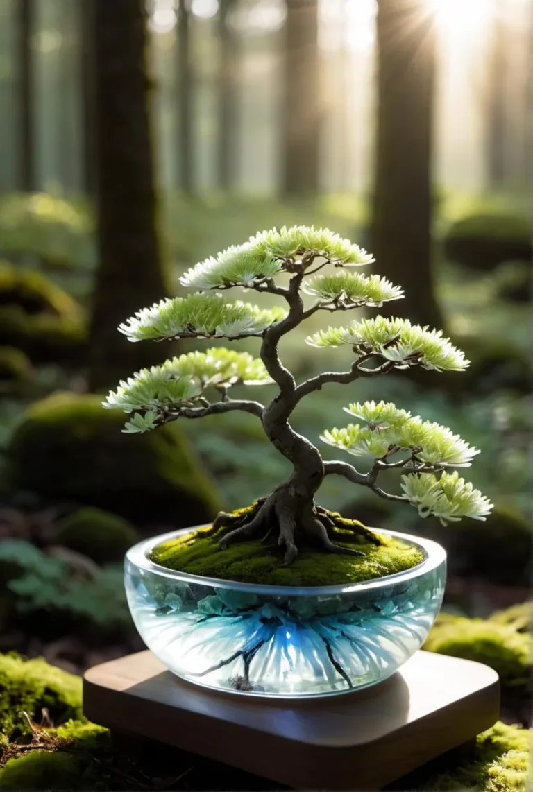 A beautifully realistic AI-generated image using Stable Diffusion of a bonsai tree in a modern glass planter set in a serene forest background.