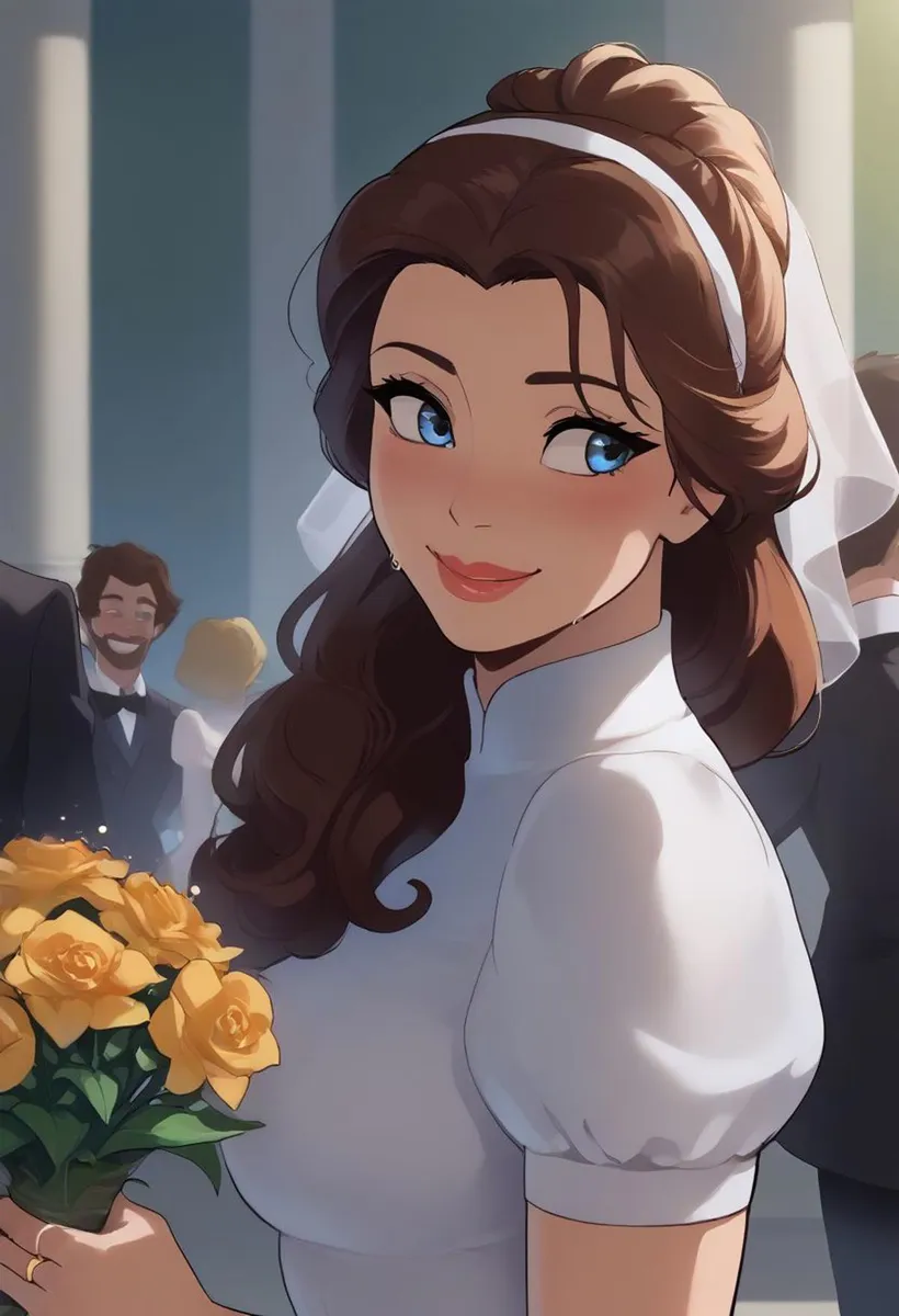 An AI-generated image of a bride in anime style, holding a bouquet of yellow roses, wearing a white dress with a veil.