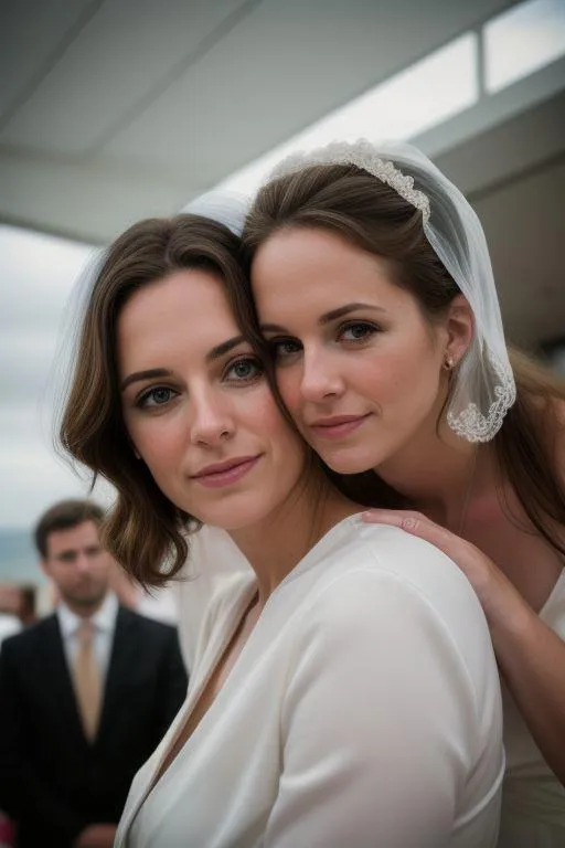Bride and her bridesmaid dressed in elegant attire posing closely together at an indoor wedding venue. Emphasize that this is an AI-generated image using Stable Diffusion.