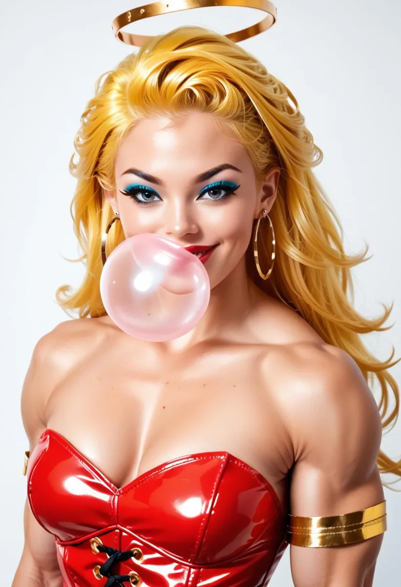 A muscular woman with blonde hair blowing a bubblegum bubble, wearing a red corset and a golden halo, AI generated using Stable Diffusion.