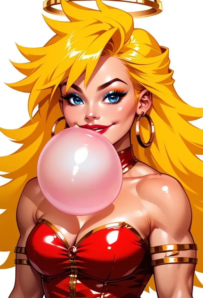 A digital illustration of a girl with golden blonde hair blowing a bubblegum bubble, created using Stable Diffusion.