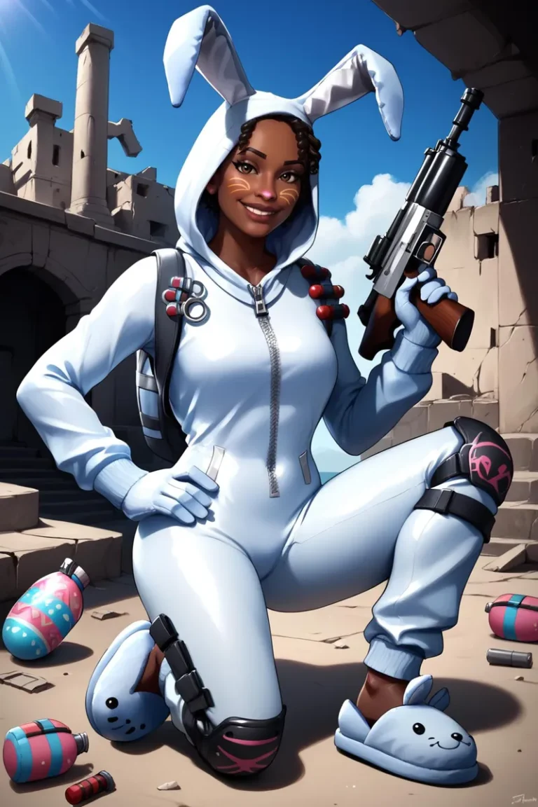 A digitally created image using Stable Diffusion depicting a woman in a bunny suit holding a gun with a ruined building in the background.