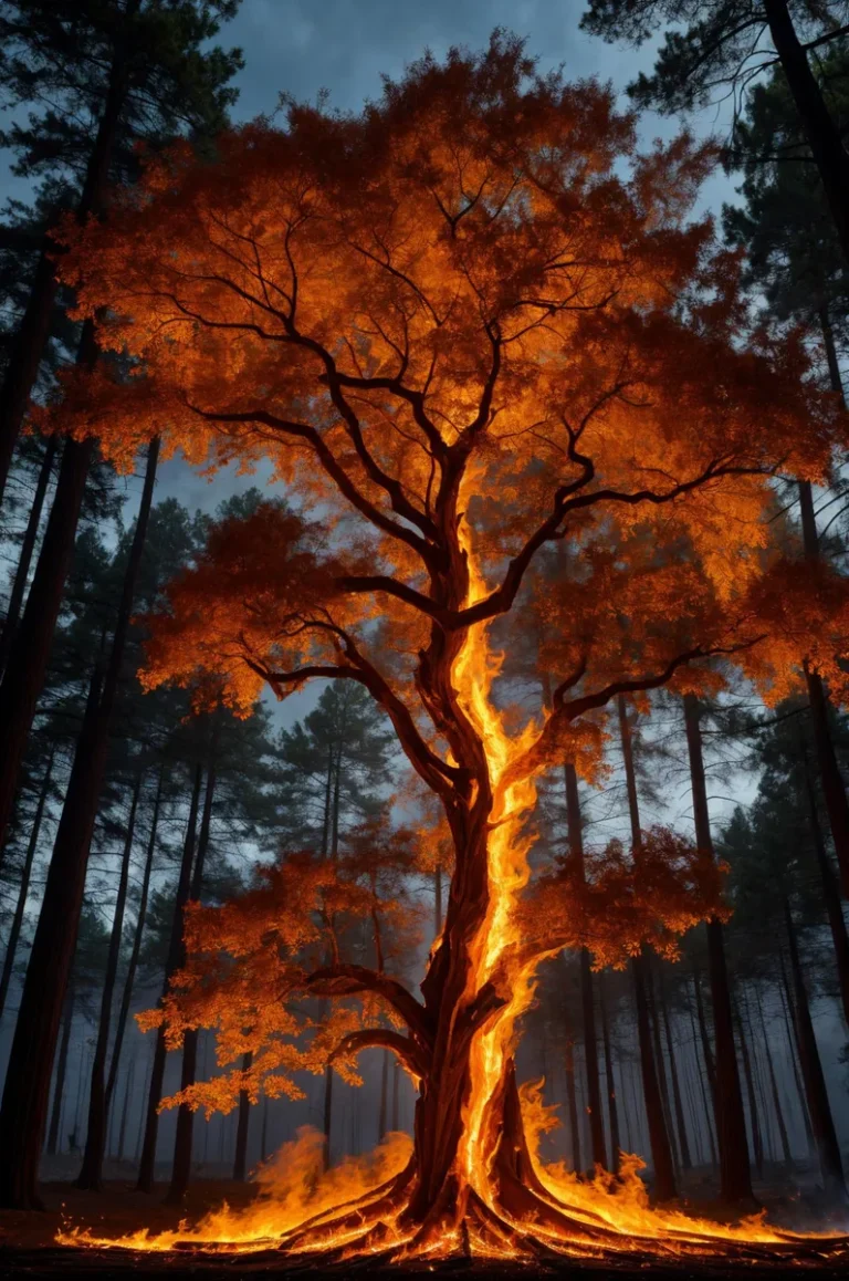 A tree with orange leaves engulfed in flames, standing in a dark forest created by AI using Stable Diffusion.