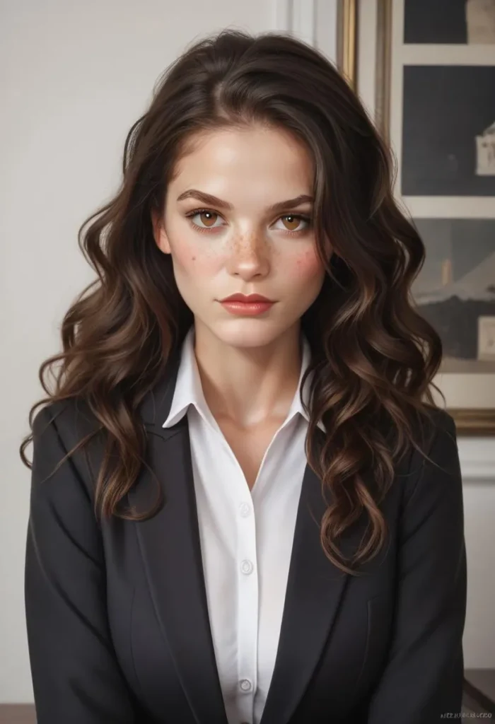 A beautiful woman with long wavy brown hair in professional business attire generated by AI using stable diffusion.