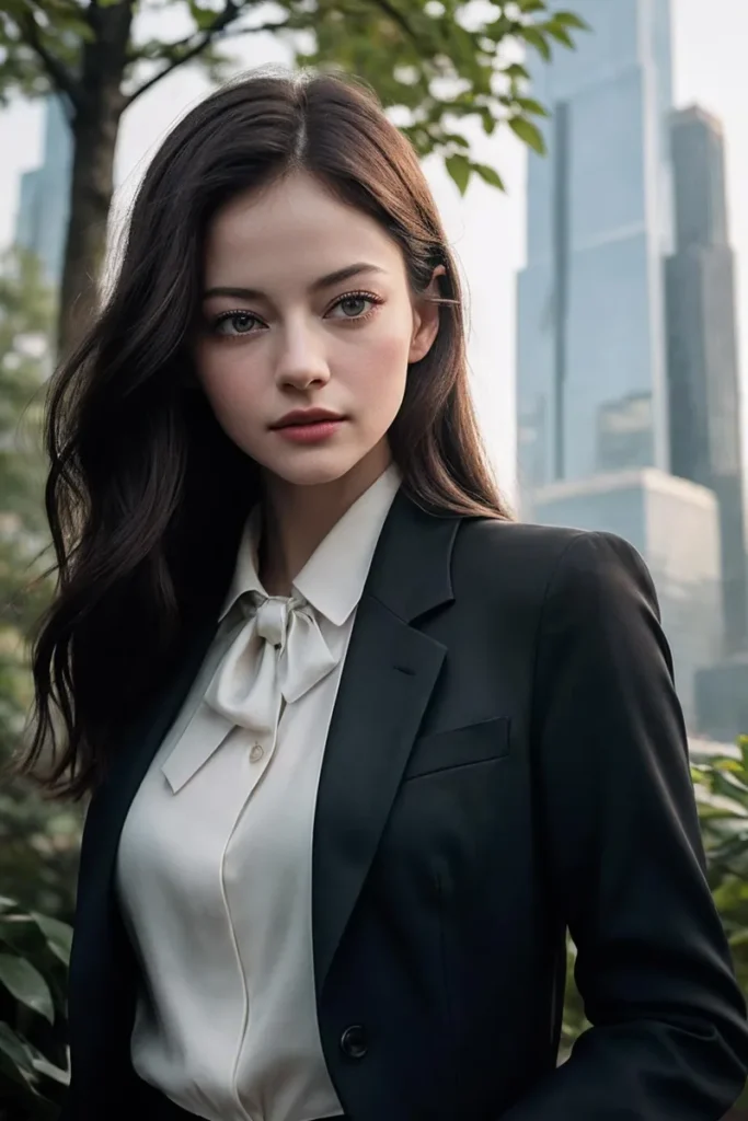 AI generated image using stable diffusion of a young business woman with long dark hair, wearing a black blazer and white blouse, standing in front of modern skyscrapers.