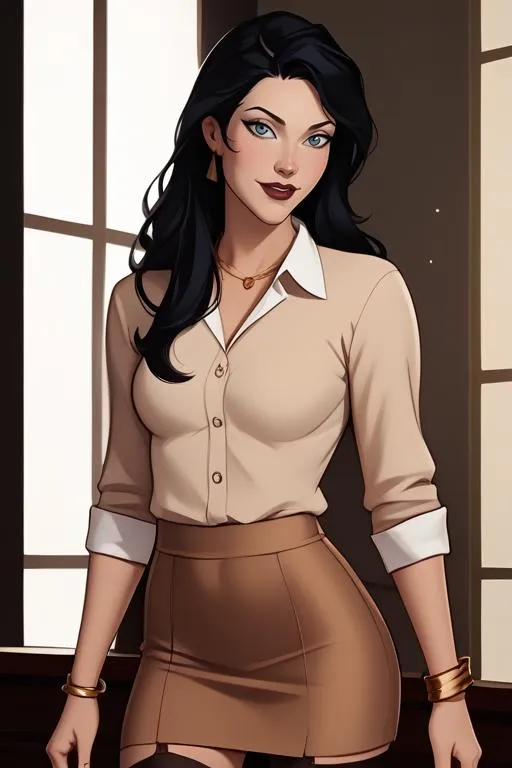 AI generated image using Stable Diffusion of a professional businesswoman with long black hair, wearing a beige blouse and skirt, standing in an office setting.
