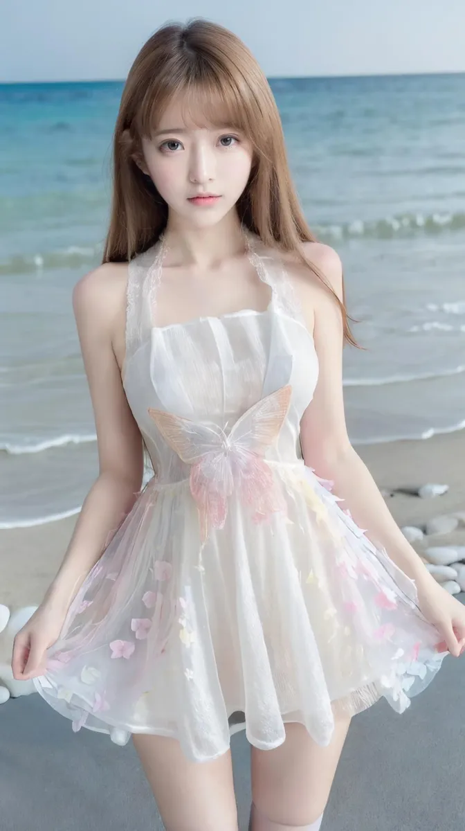 A beautiful woman on a beach in a white dress adorned with a large butterfly decoration, created using Stable Diffusion.