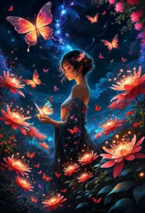 Fantasy art of a woman surrounded by butterflies and glowing flowers in a mystical night garden. AI generated image using Stable Diffusion.