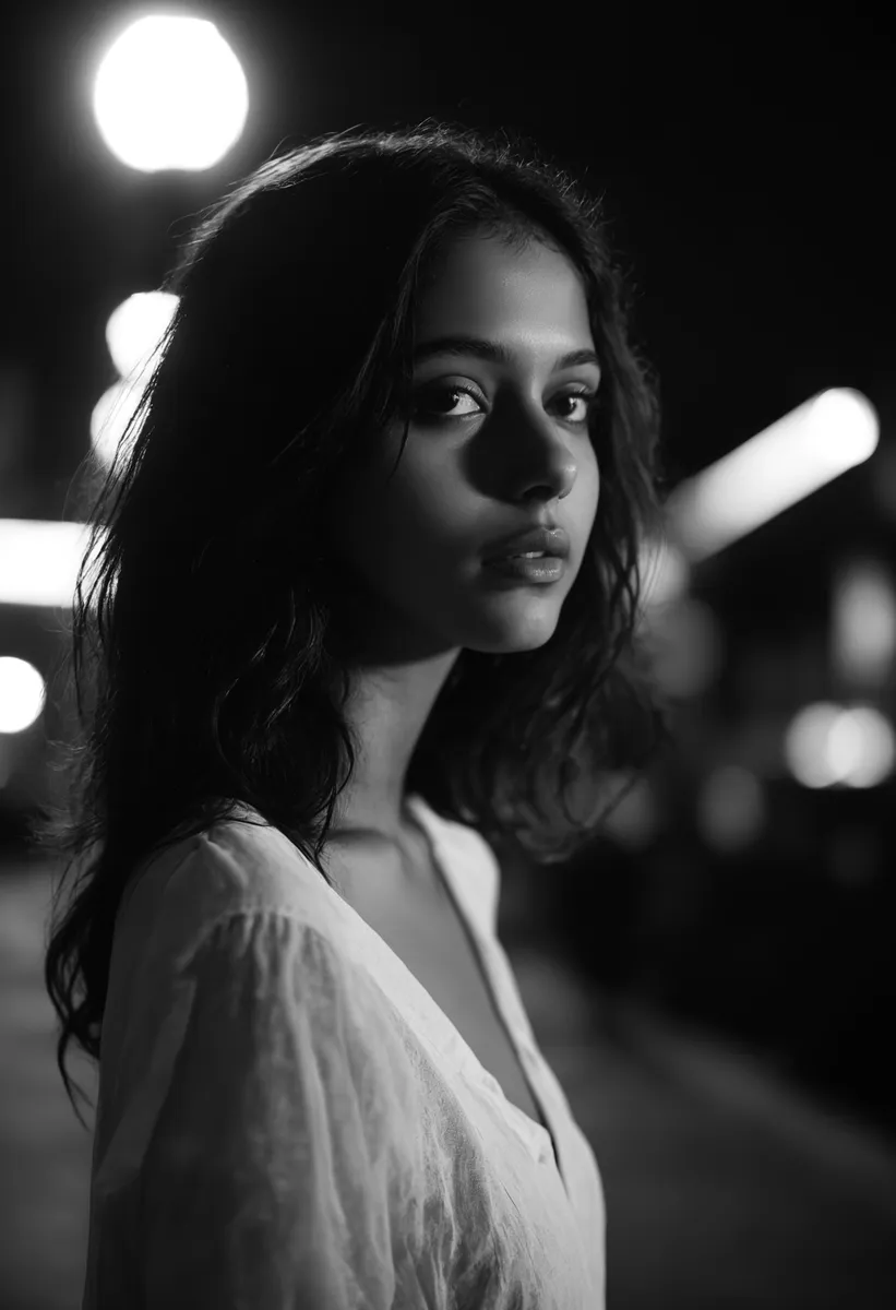 A black and white portrait of a young woman with a moody atmosphere, created using AI with Stable Diffusion.