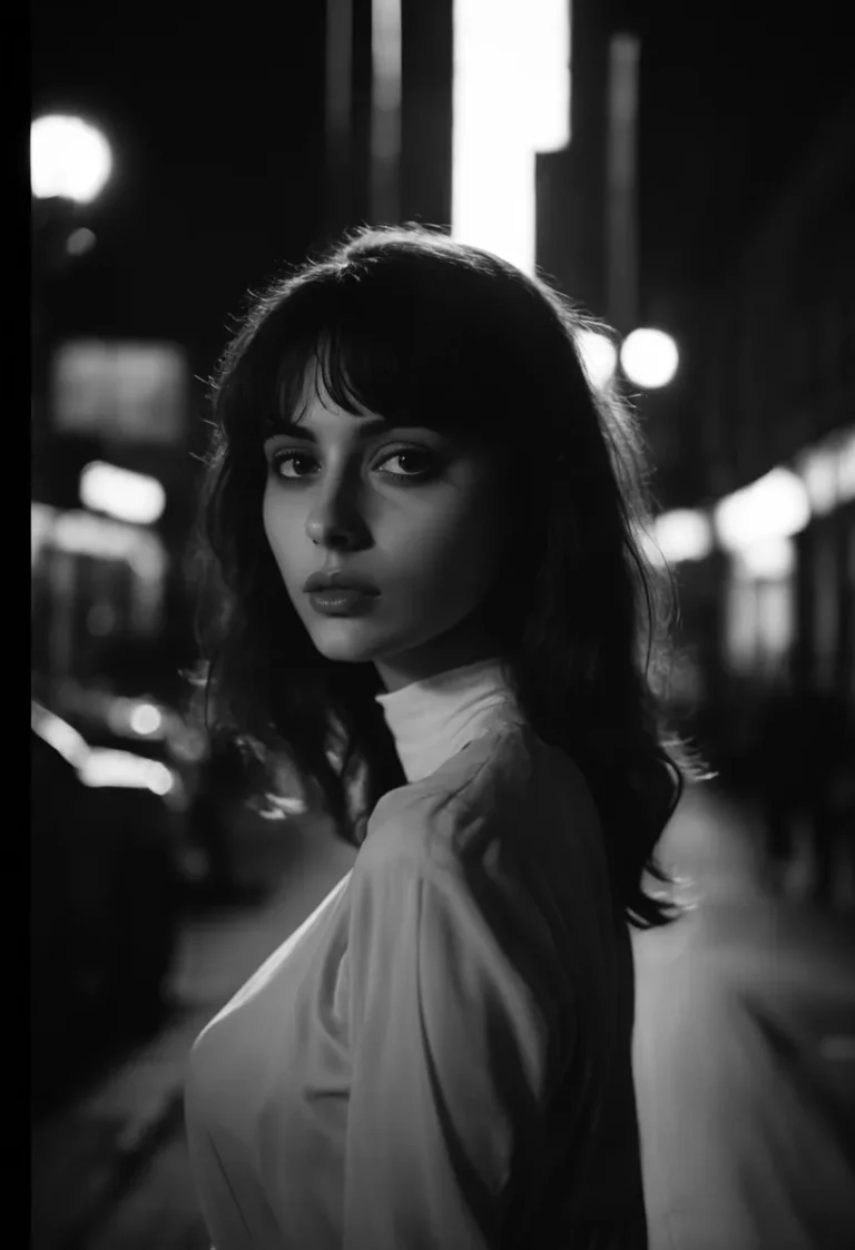 Black and white portrait of a woman in a night city scene created with AI using Stable Diffusion.