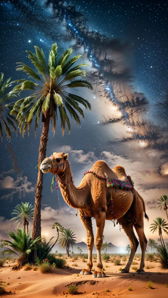 A camel stands in the desert under a sky full of stars, with the Milky Way visible. The camel and the desert scenery are created using Stable Diffusion AI.