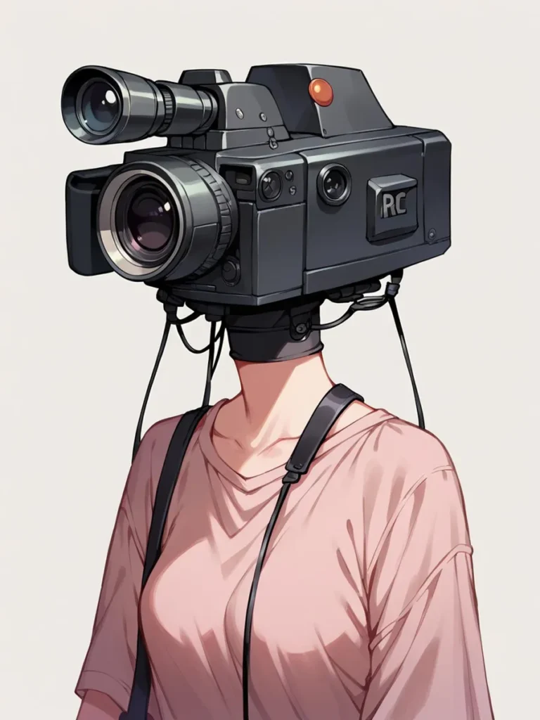 Futuristic depiction of a human with a vintage video camera as a head, created using Stable Diffusion.
