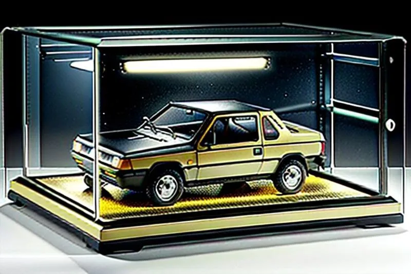 A polished display case housing a detailed model of a vintage car. The car model is meticulously crafted and placed on a metallic surface with illuminating lights enhancing its features. The display case has a sleek and modern design.