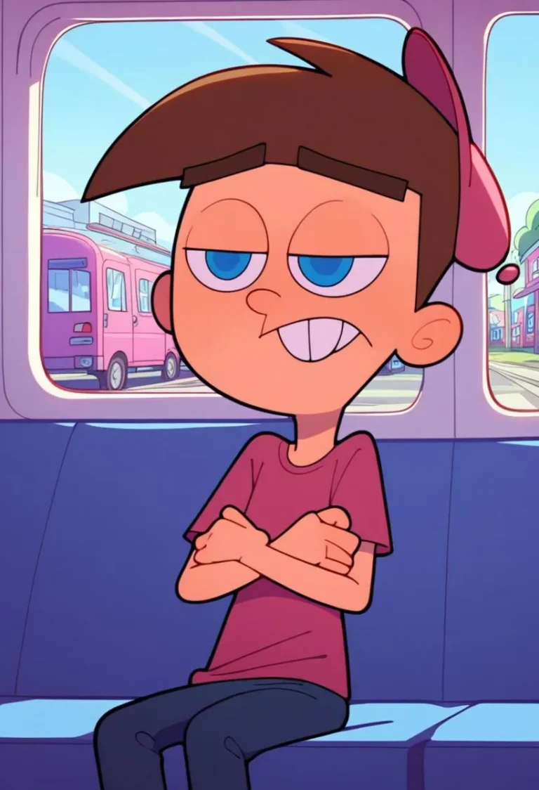 A cartoon boy with brown hair, blue eyes, and a red shirt sitting on a bus seat, generated using Stable Diffusion AI.