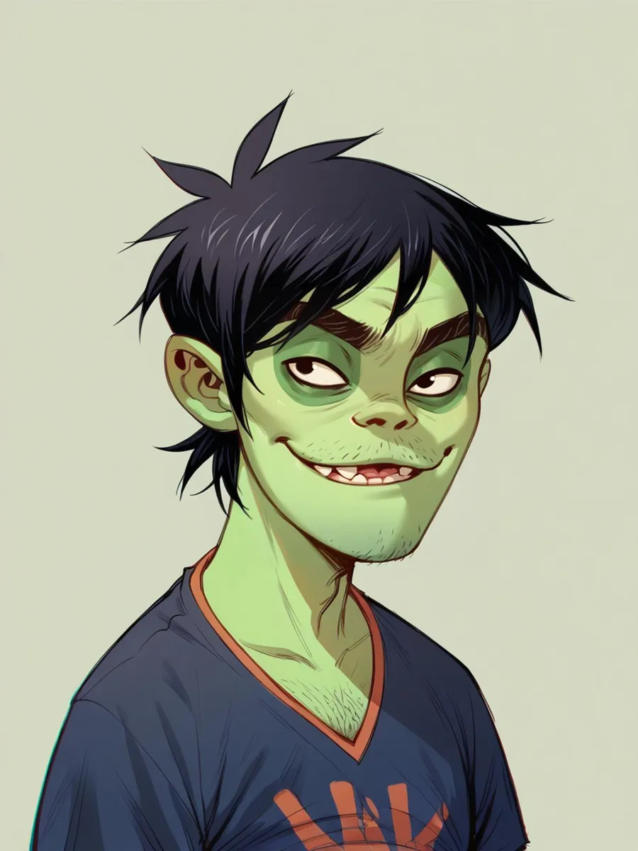 Cartoon-style portrait of a green-skinned character with black spiky hair, generated by AI using Stable Diffusion.