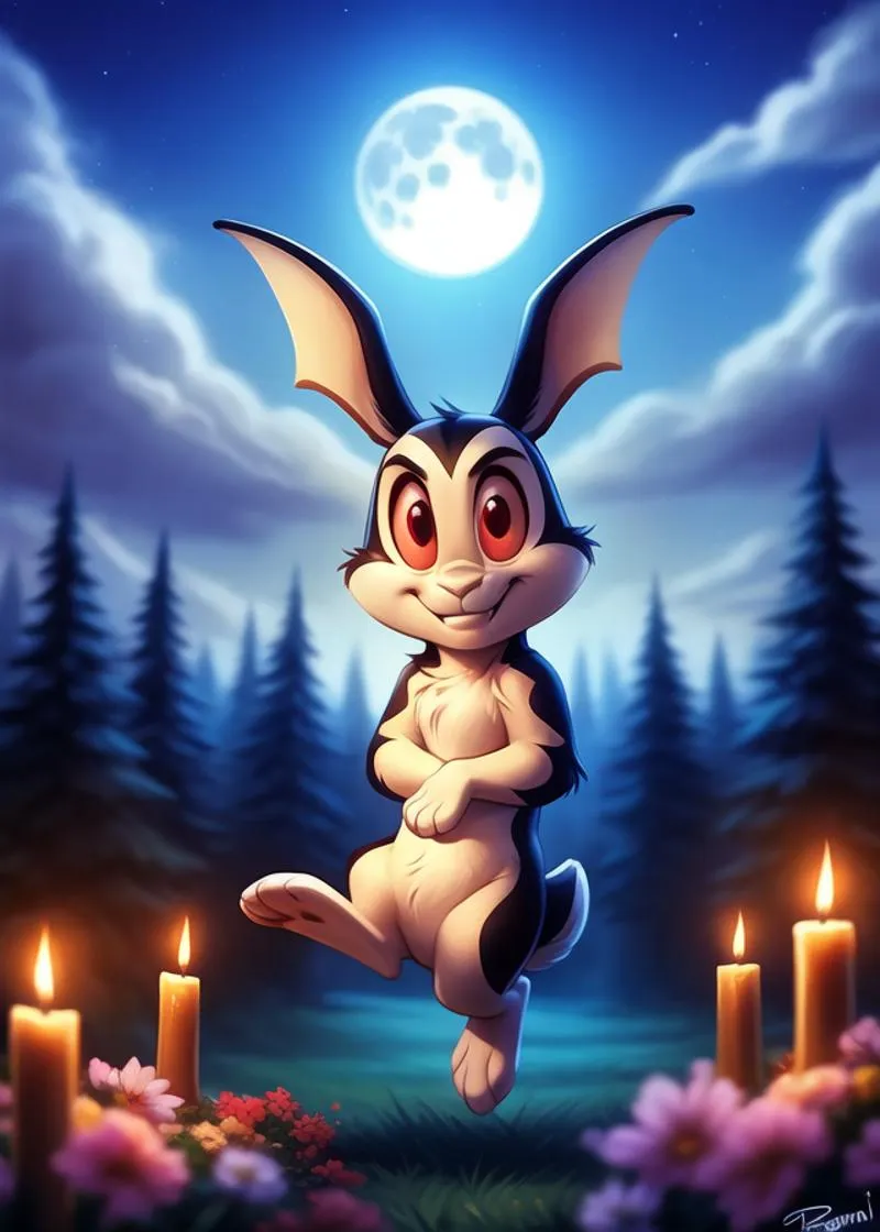 A cartoon rabbit stands in a moonlit forest surrounded by candlelight and flowers, created using stable diffusion.