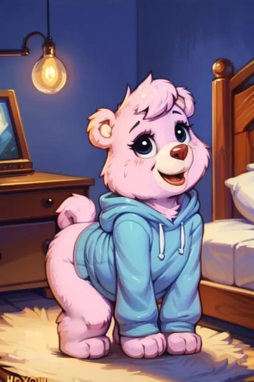 A cute anthropomorphic pink bear in a blue hoodie, standing in a cozy bedroom with a lit lamp and a bed, generated by AI using stable diffusion.