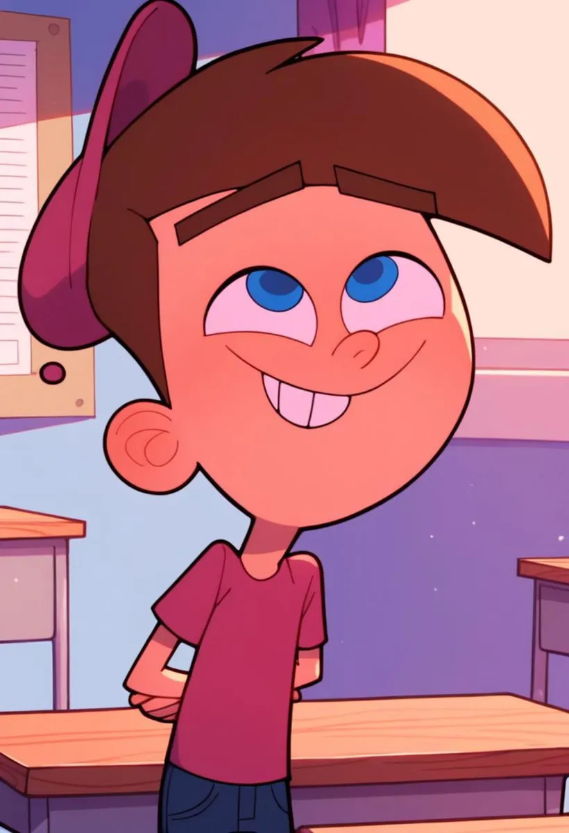 A cartoon boy with a large head, blue eyes, and a wide grin, wearing a purple shirt and a purple cap, created using stable diffusion.