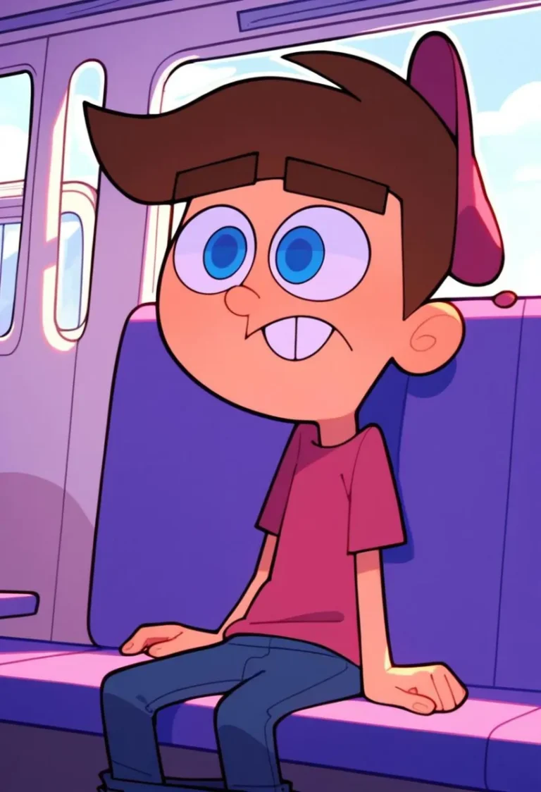 Cartoon boy with large blue eyes and brown hair wearing a red shirt and blue jeans, sitting on a train seat. AI generated image using stable diffusion.