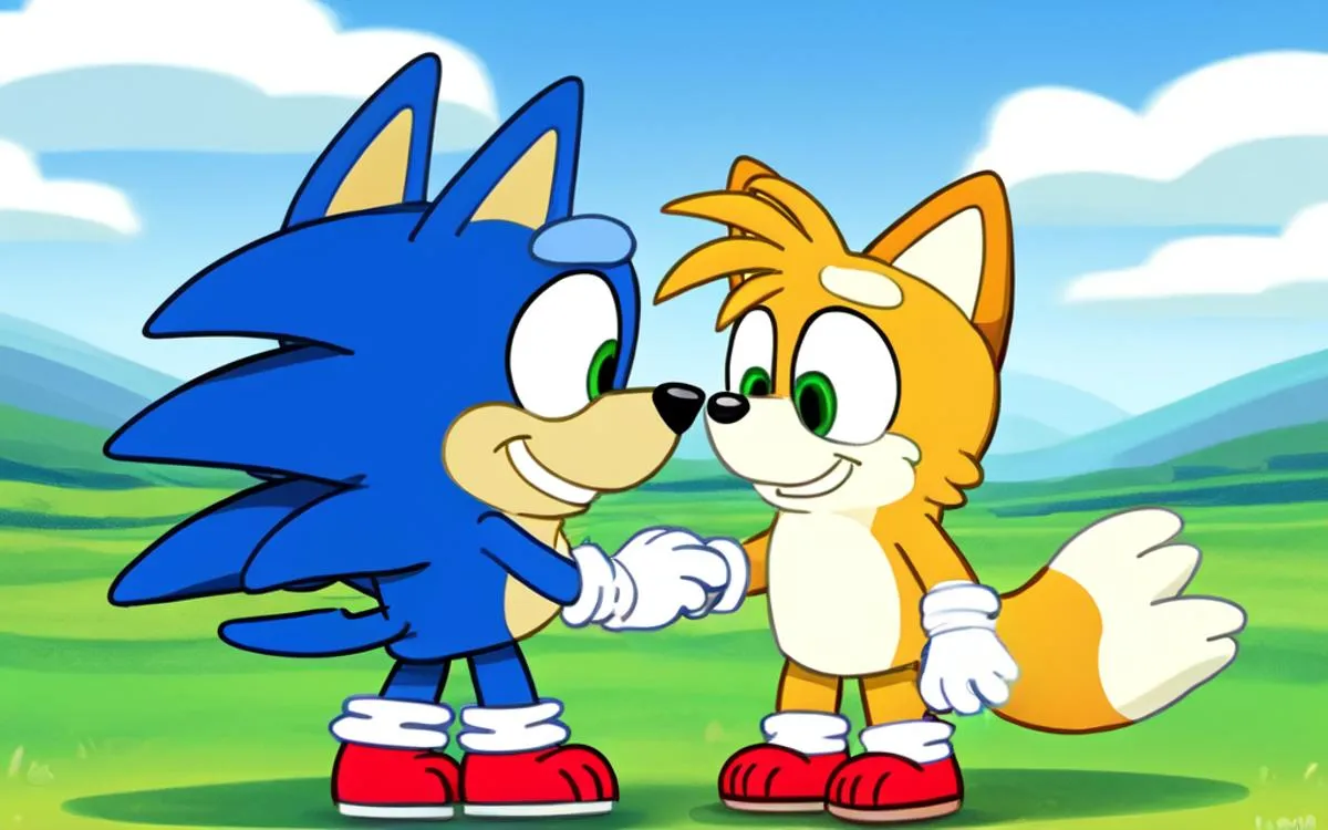 Two cartoon friends, one blue with spikes and the other orange with a fluffy tail, shaking hands in a green field with a blue sky in the background. AI generated image using Stable Diffusion.