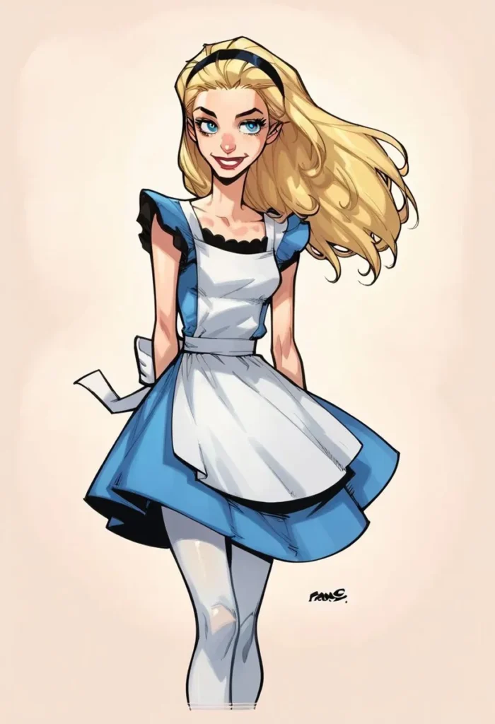 Cartoon girl with long blonde hair wearing a blue dress and white apron, AI generated image using stable diffusion.