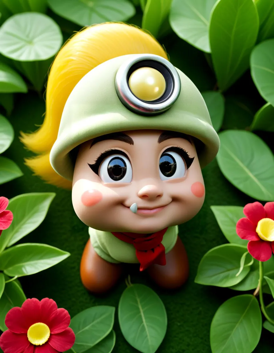 AI-generated image of a cute cartoon girl with a palmed hat and big eyes, standing among green leaves and red flowers in a forest, created using Stable Diffusion.