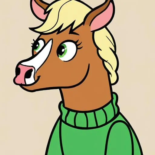 AI-generated image using Stable Diffusion of a cartoon horse character with blonde mane in a green sweater.