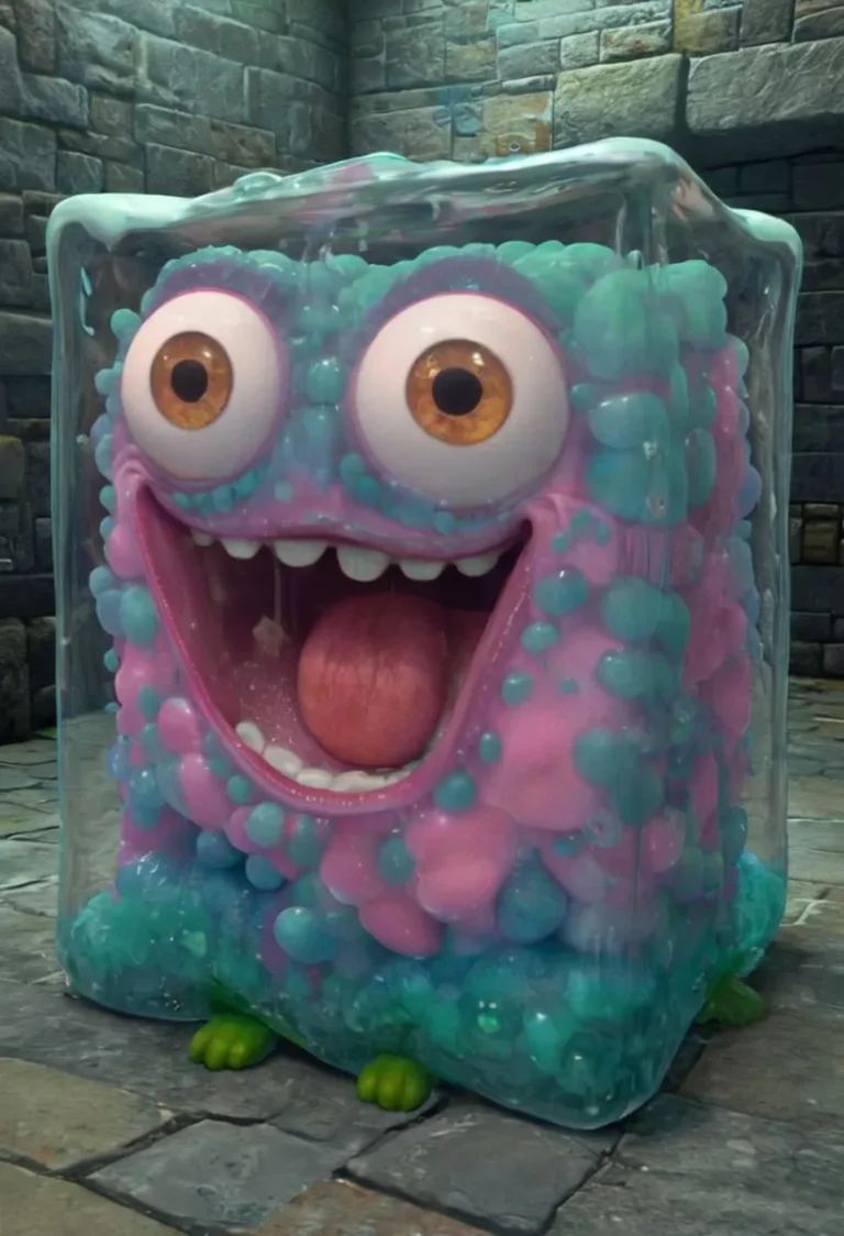 A cute cartoon monster with large eyes and a bubbly texture, standing in a stone walled room. This is an AI generated image using Stable Diffusion.