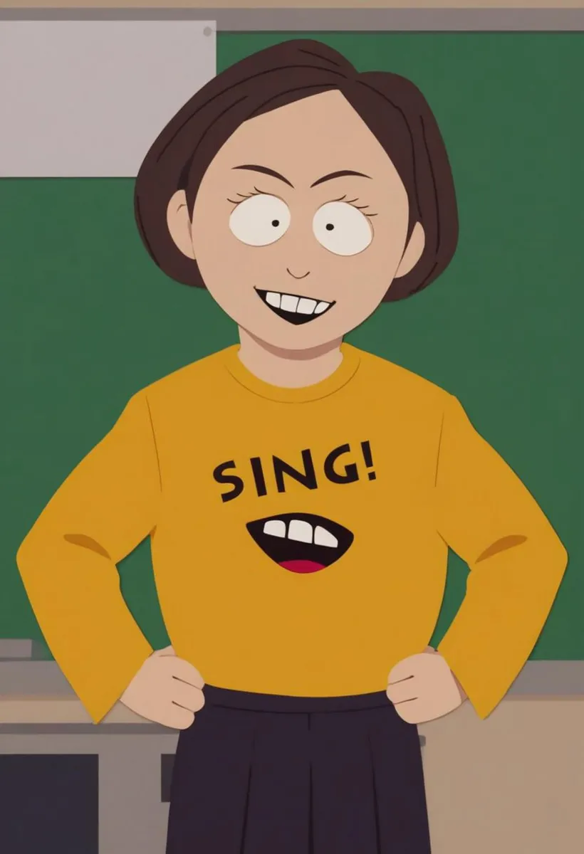Cartoon character with a yellow shirt featuring the word 'SING!' and a mouth symbol on it. AI generated image using stable diffusion.