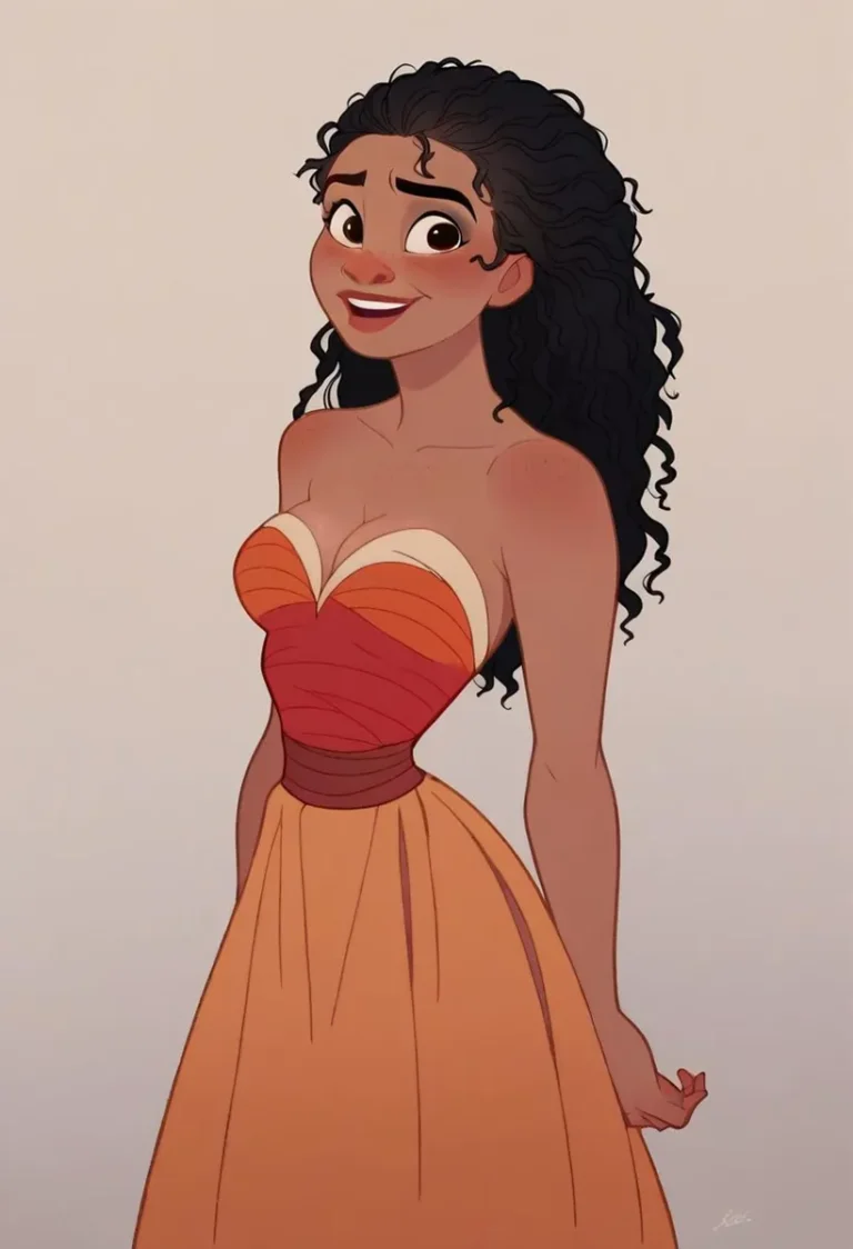 A cartoon style image of a smiling woman with long curly hair and wearing an orange and red strapless dress, generated by AI using Stable Diffusion.