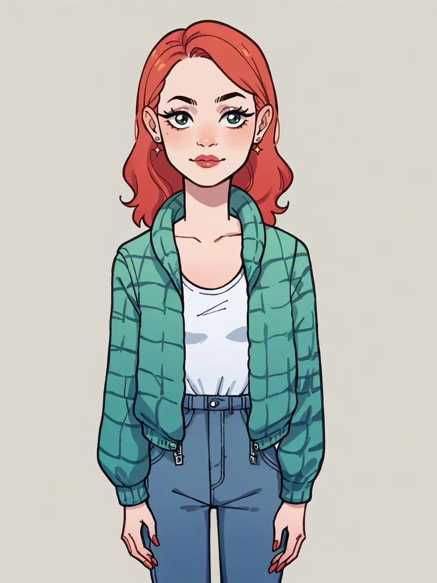 A cartoon woman with red hair, a green checkered jacket, and blue jeans, created using stable diffusion AI.