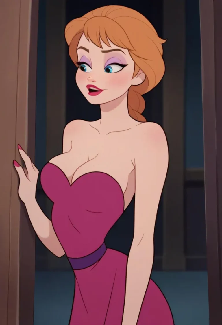 A cartoon depiction of a woman in a strapless magenta evening dress with her red hair styled in a braid and standing in a doorway. This is an AI generated image using Stable Diffusion.