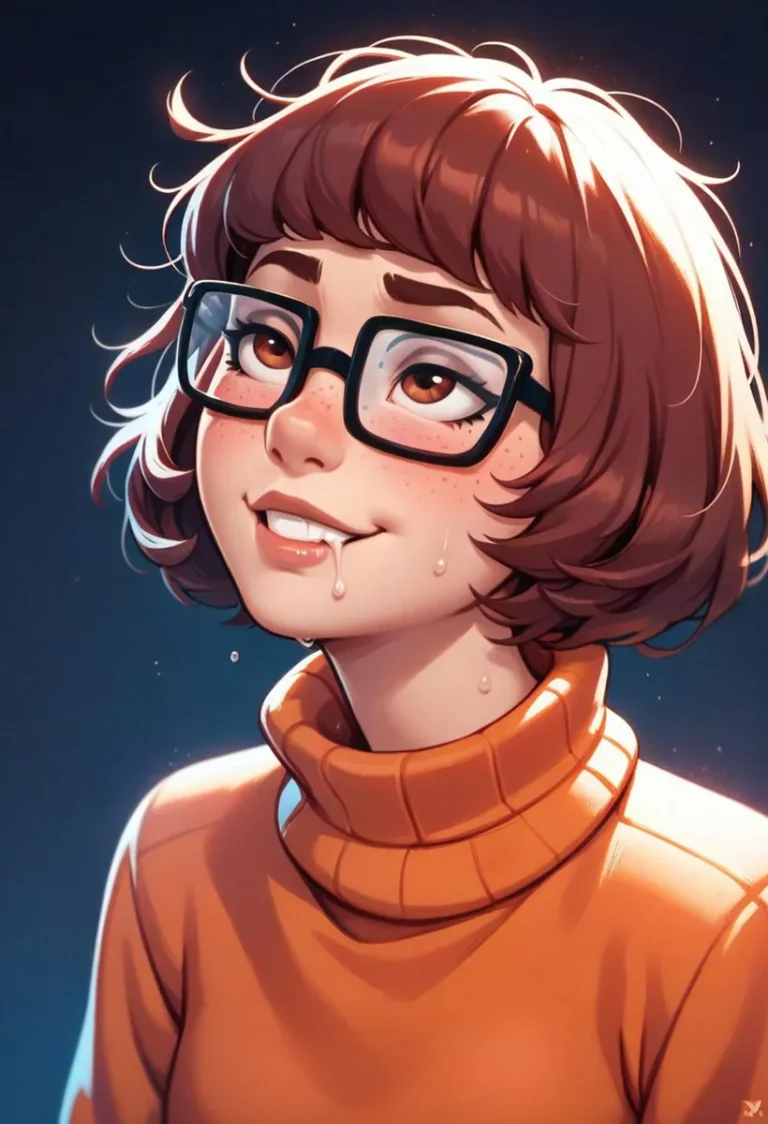 A cartoon woman with short brown hair wearing glasses and an orange turtleneck, created using Stable Diffusion AI.