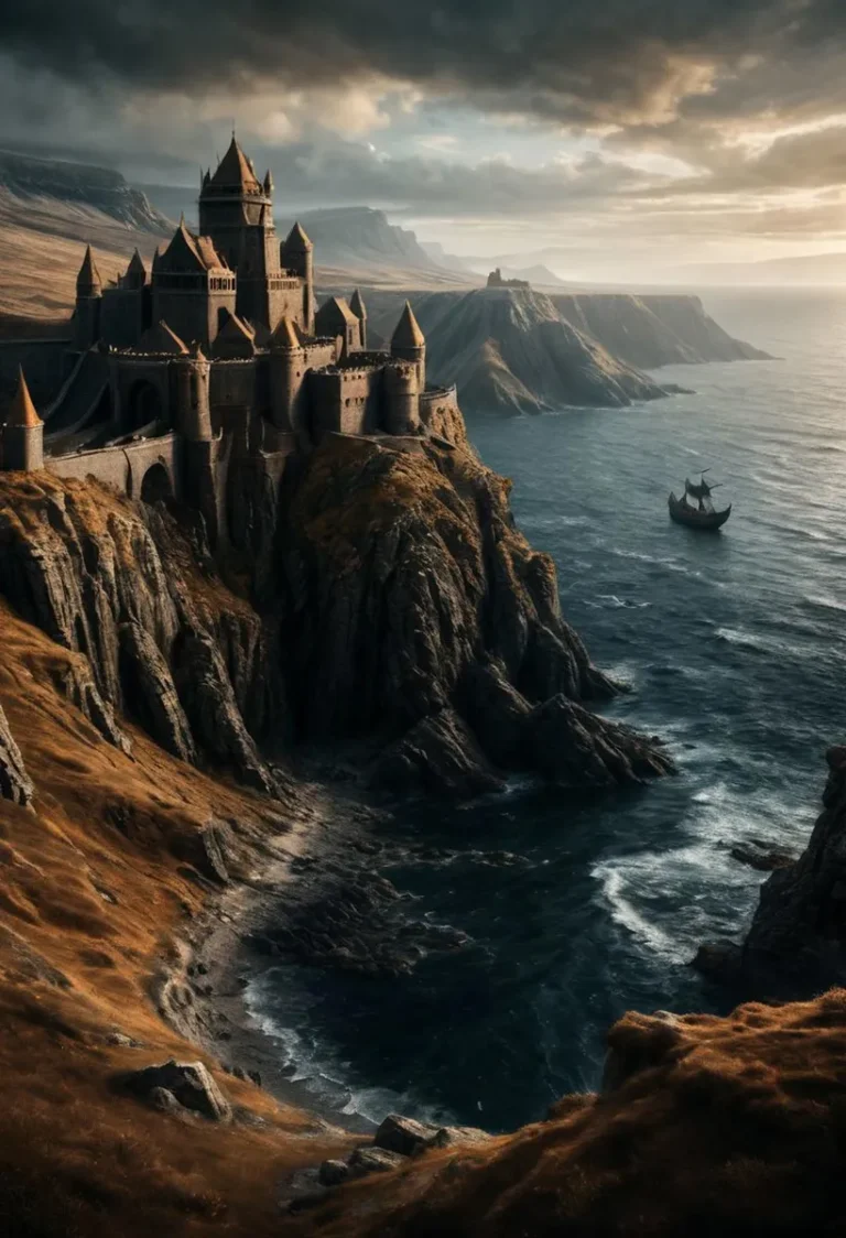 A detailed view of a castle perched on a craggy cliff above a turbulent sea, in a fantasy landscape, created using Stable Diffusion.