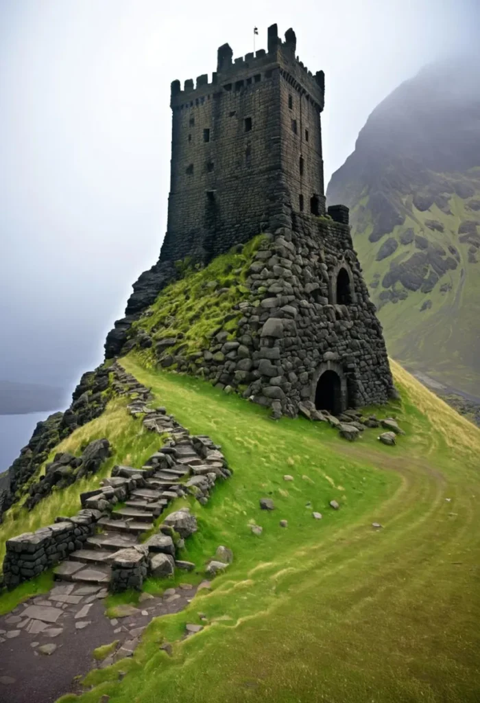 AI generated image of a medieval castle tower perched on a misty hilltop with a winding stone path, created using Stable Diffusion.