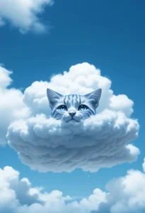 A surreal depiction of a cat's head emerging from fluffy cumulus clouds against a clear blue sky. An AI generated image using Stable Diffusion.