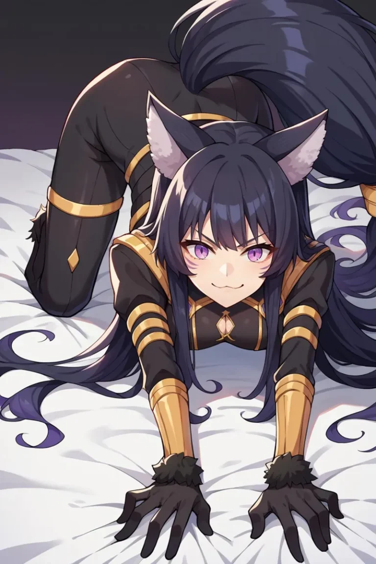 Anime-style cat girl with black hair, purple eyes, and feline ears, dressed in a tight black suit with golden accents, kneeling on a bed. AI generated image using Stable Diffusion.