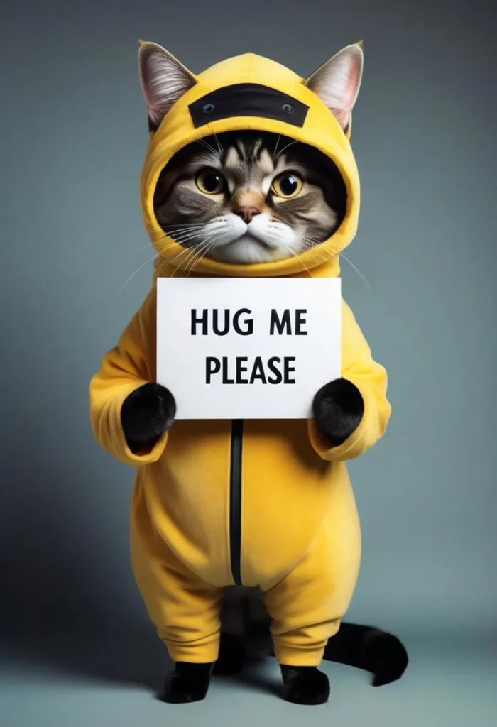 A cute cat wearing a yellow hoodie and holding a sign that says 'Hug Me Please'. This is an AI generated image using Stable Diffusion.