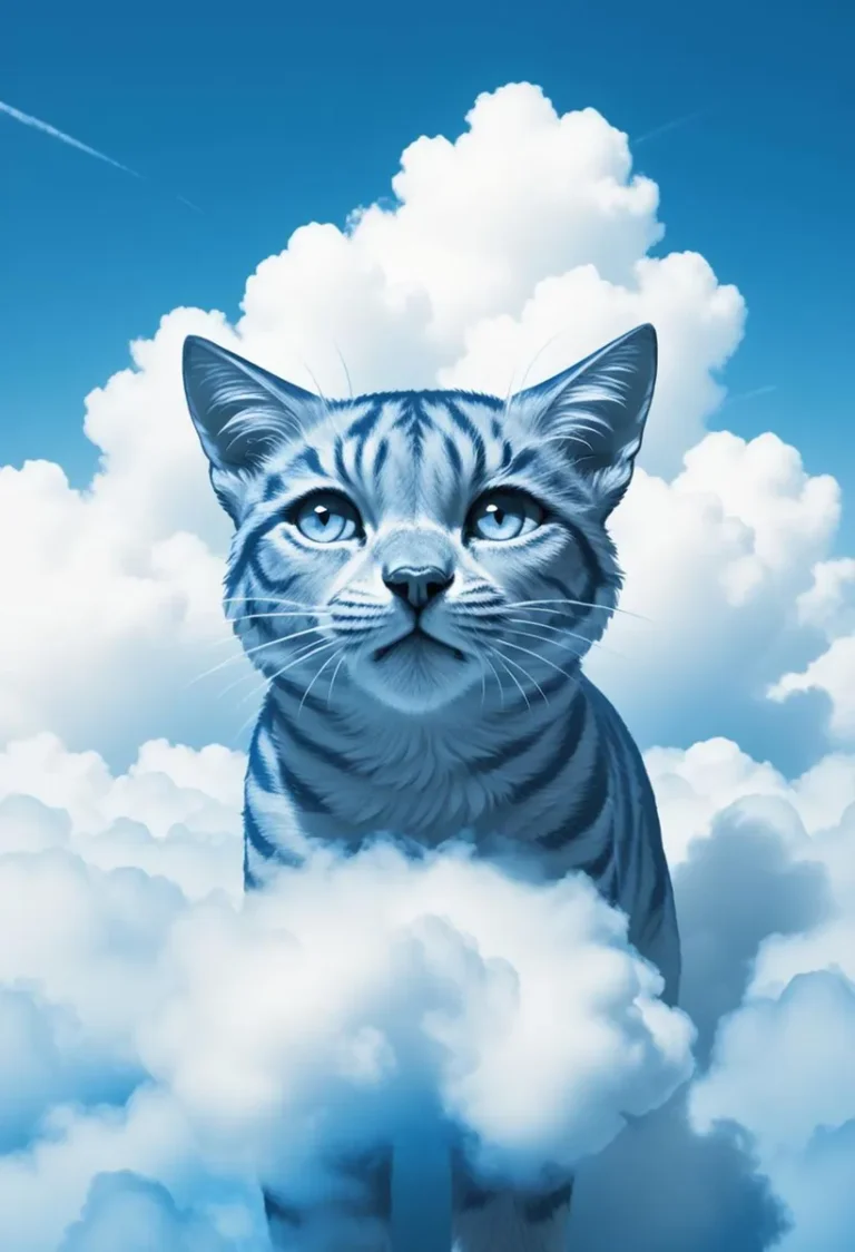 A surreal digital art of a cat with bright blue eyes emerging from fluffy white clouds in the sky, created by AI using stable diffusion.
