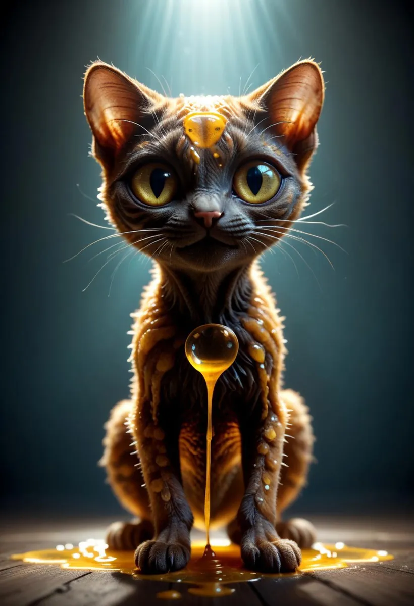 A highly realistic AI generated image created using stable diffusion, featuring a cat with large expressive eyes, sitting with honey dripping from its body.