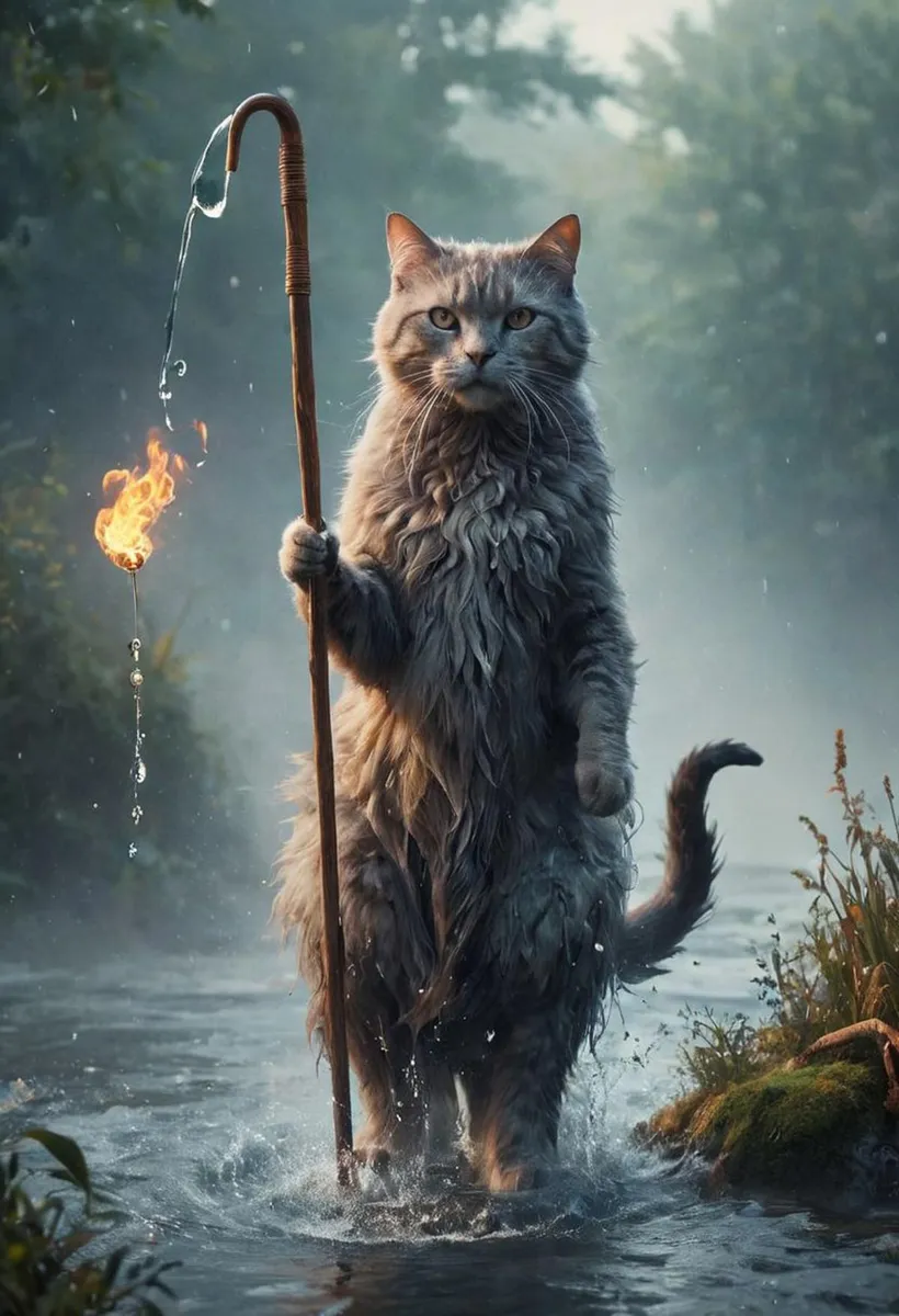 Fantasy cat wizard holding a magical staff with water and fire elements, created using Stable Diffusion.