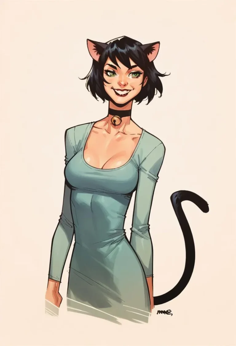 Catgirl with short black hair, green eyes, and wearing a green dress. AI generated image using Stable Diffusion.