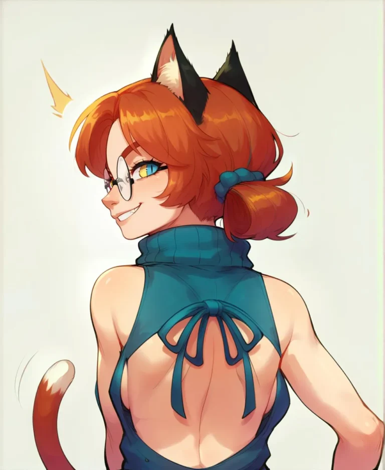 Anime catgirl with red hair, glasses, and cat ears, wearing a backless blue dress generated by AI using Stable Diffusion.
