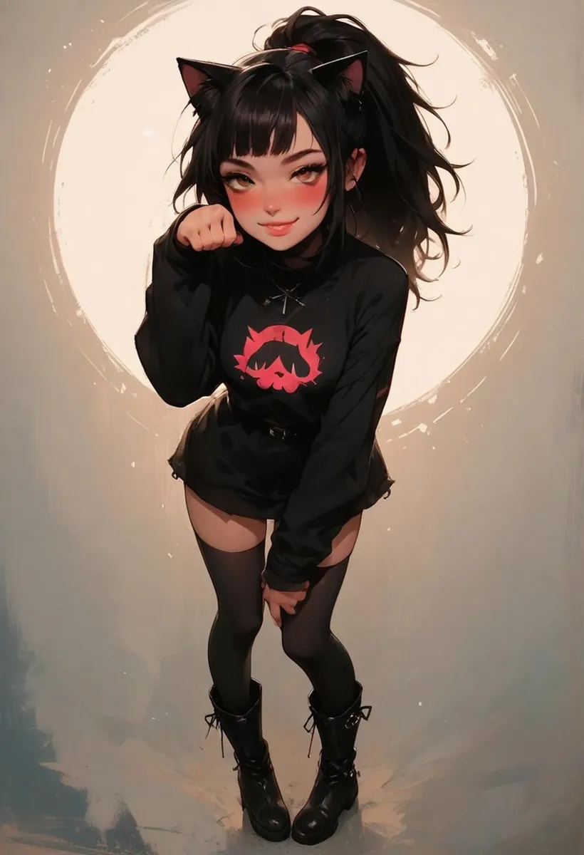 A cute catgirl in anime style with black cat ears, a black outfit, and a playful pose. This AI-generated image created with stable diffusion represents an adorable, youthful character.