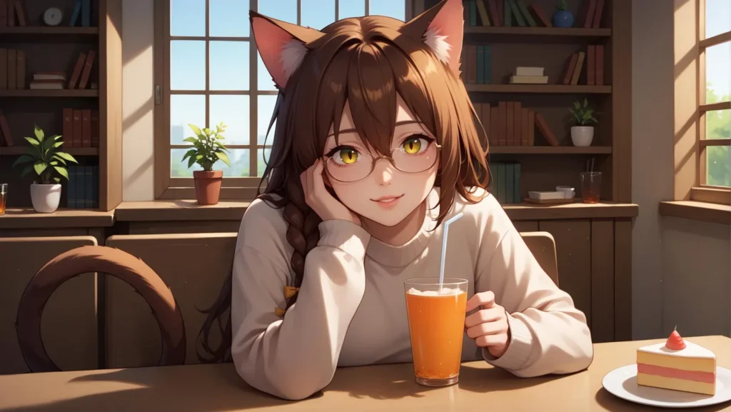 AI generated image using stable diffusion of a cute anime catgirl with brown hair, wearing glasses and a white sweater, enjoying a drink with a slice of cake.