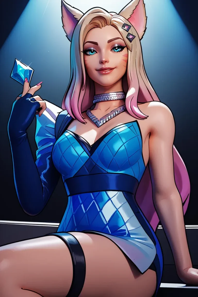 Anime-style futuristic catgirl with pink hair, wearing a blue dress and holding a diamond. This is an AI generated image using Stable Diffusion.